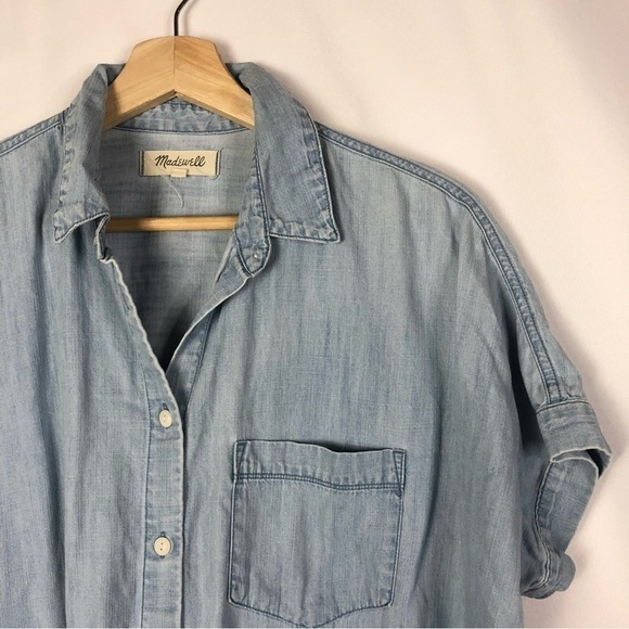 Madewell Blue Denim Chambray Short Sleeve Tie Front Button Down Top S - Picture 5 of 5